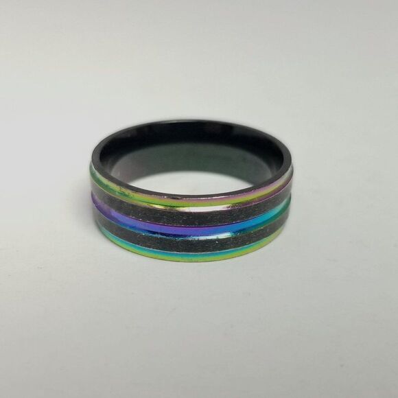 Vintage Rainbow Metallic Black Band Ring, Stacking, Size 11 - Picture 2 of 6